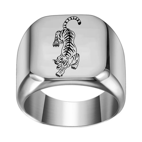 HIJONES Men's Stainless Steel Tiger Chunky Statement Ring 17MM Biker Band Silver Size 8