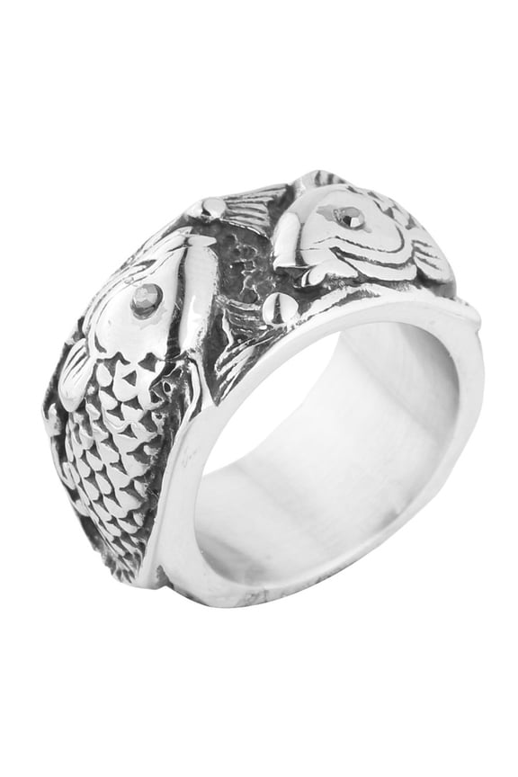 Men's Stainless Steel Trendy Koi Carp Engraved Wedding Ring Chinese Style Double Fish Good Lucky Titanium Finger Biker Band Size 10