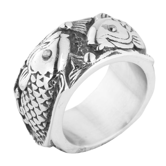HIJONES Men's Stainless Steel Trendy Koi Carp Engraved Wedding Ring Chinese Style Double Fish Good Lucky Titanium Finger Biker Band Size 12