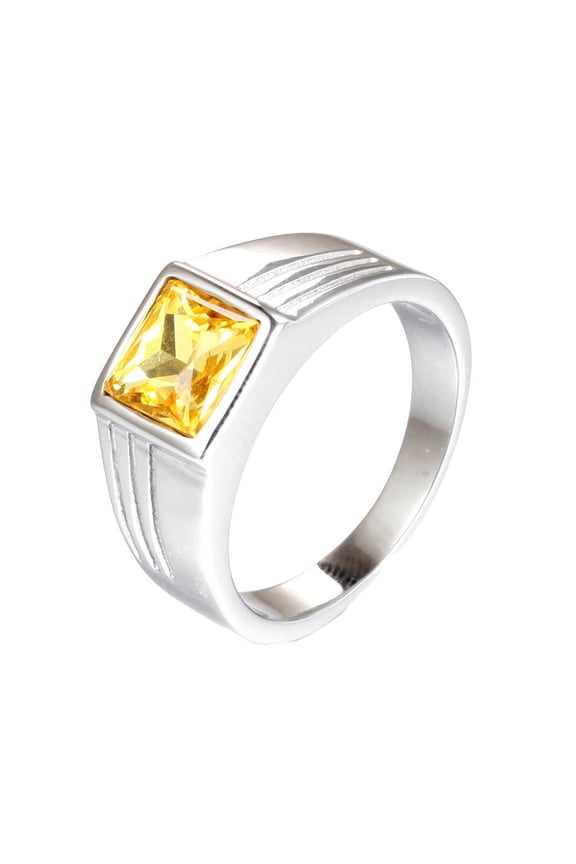 Men's Stainless Steel Unique Engraved Pattern Multicolor Gem Ring Engagement Wedding Band Jewelry Gift Yellow Gemstone Silver Size 10