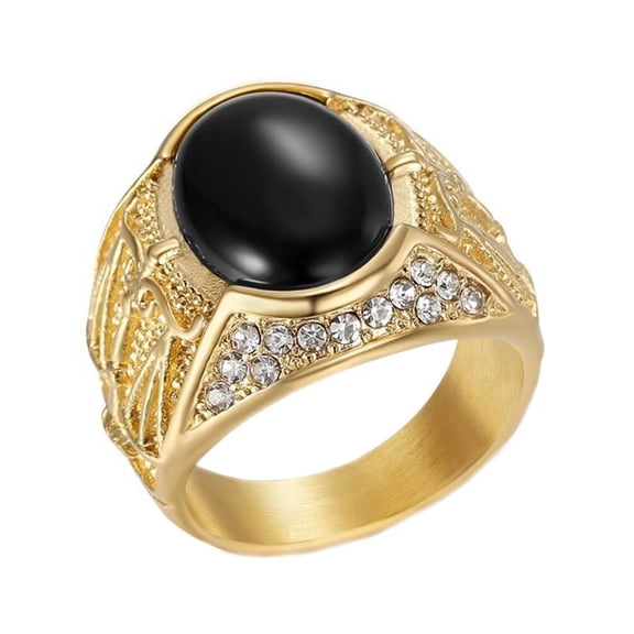 HIJONES Men's Stainless Steel Unique Libra Zodiac Sign Rhinestone Ring White Zircon Birthday Party Jewelry Gold Black Stone Size 7