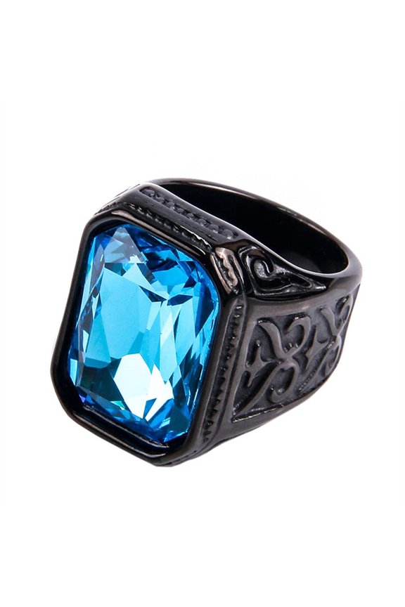 Men's Stainless Steel Vintage Big Square Engraved Wedding Gemstone Biker Ring Band Hip Hop Black Lake Blue Diamond Size 9