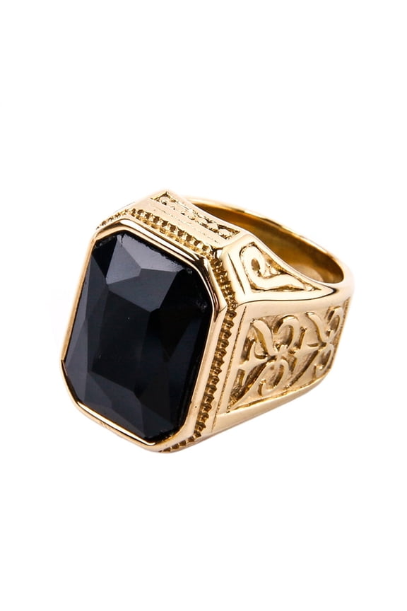Men's Stainless Steel Vintage Big Square Engraved Wedding Gemstone Ring