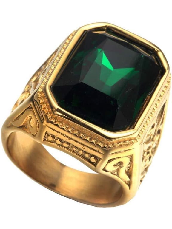Men's Stainless Steel Vintage Big Square Engraved Wedding Biker Ring Band Hip Hop Gold Plated Green Gemstone Size 7