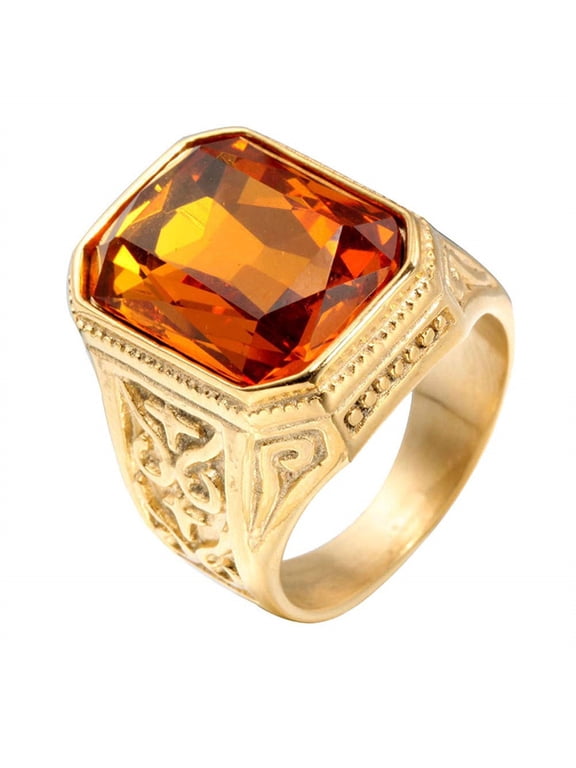 Men's Stainless Steel Vintage Big Square Gemstone Biker Ring Band Hip Hop Gold Plated Yellow Size 7