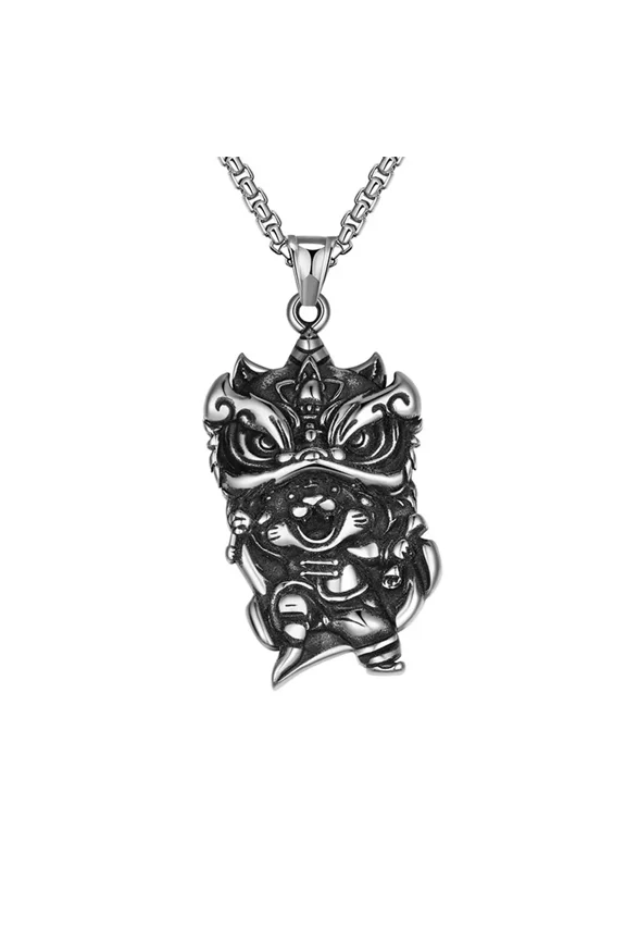 Men's Stainless Steel Vintage Domineering Engraved Chinese Qilin Necklace Tiger Lion Guardia Beasts Amulet New Year Jewelry