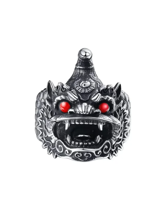 Men's Stainless Steel Vintage Domineering Engraved Chinese Qilin Ring Tiger Lion Guardia Beasts Amulet Halloween Jewelry Size 9