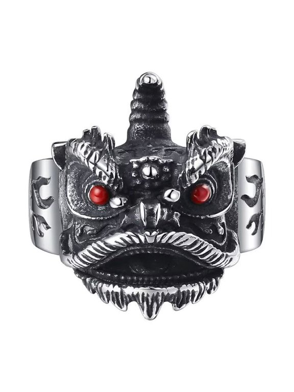 Men's Stainless Steel Vintage Engraved Chinese Qilin Ring Tiger Lion Guardia Beasts Amulet Halloween Easter Jewelry Size 8