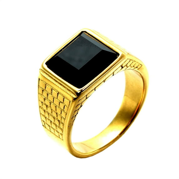HIJONES Men's Stainless Steel Vintage Engraved Pattern Gem Ring Engagement Wedding Band Jewelry Gift Black Gemstone Gold Size 11