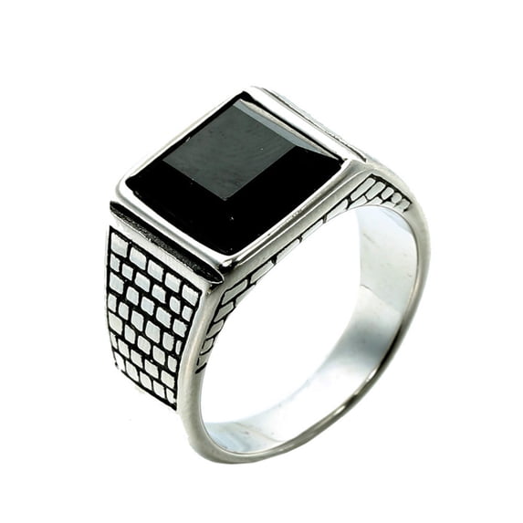 HIJONES Men's Stainless Steel Vintage Engraved Pattern Gem Ring Engagement Wedding Band Jewelry Gift Black Gemstone Silver Size 7