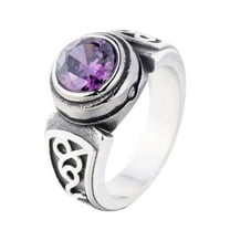 HIJONES Men's Stainless Steel Vintage Round Gemstone Siget Ring Classic Engraved Weave Twisted Titanium Finger Jewelry Silver Purple Stone Size 11
