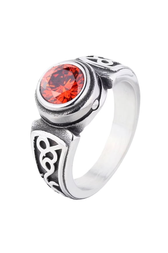 Men's Stainless Steel Vintage Round Gemstone Siget Ring Classic Engraved Weave Twisted Titanium Finger Jewelry Silver Red Stone Size 9