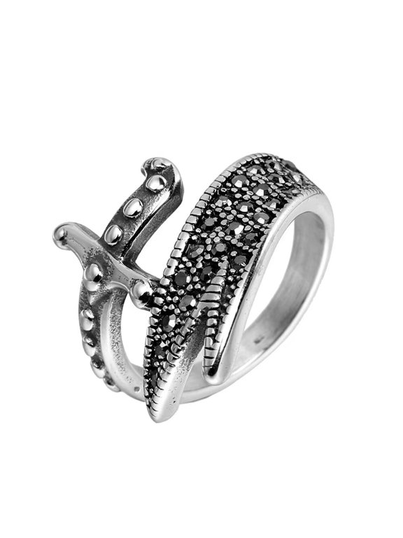 Men's Stainless Steel Vintage Treasured Sword Ring Opening Ring Personalized Jewelry for Men Silver Size 12