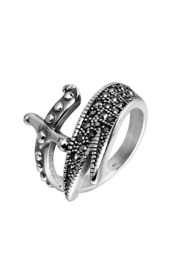 Men's Stainless Steel Vintage Treasured Sword Ring Opening Ring Personalized Jewelry for Men Silver Size 7
