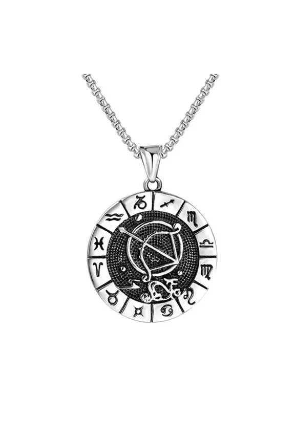 Men's Stainless Steel Zodiac Charm Necklace Vintage Punk Astronomical Pendant Birthday Anniversary Jewelry Sagittarius