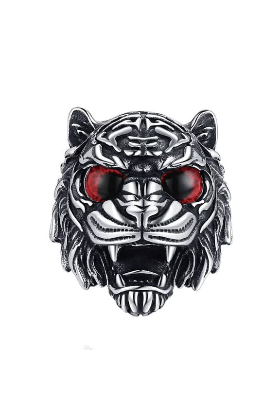 Men's Stainless Steels Vintage 4 Color Tiger Head Gemstone Ring Gothic Hip Hop Punk Animal Themed Zodiac Jewelry Red Size 13