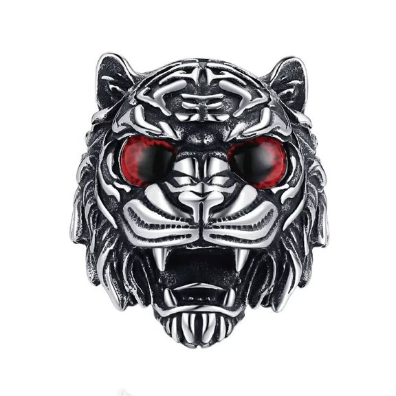 HIJONES Men's Stainless Steels Vintage 4 Color Tiger Head Gemstone Ring Gothic Hip Hop Punk Animal Themed Zodiac Jewelry Red Size 7