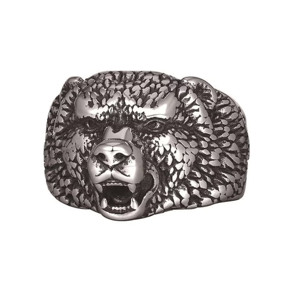 HIJONES Men's Stainless Steels Vintage Aged Engraved Wolf Head Rings Gothic Hip Hop Punk Animal Themed Jewelry Size 11