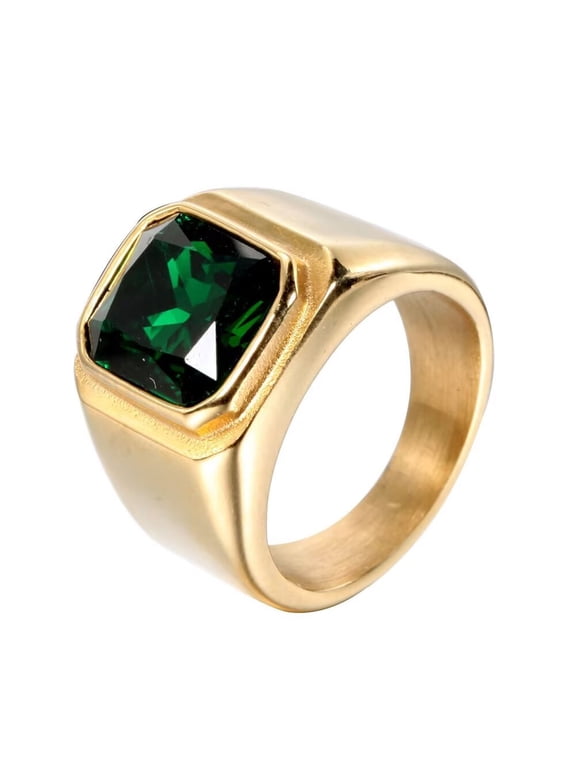 Men's Ring Gold Plated Stainless Steel Large Square Vintage Statement Rings Green Size 9