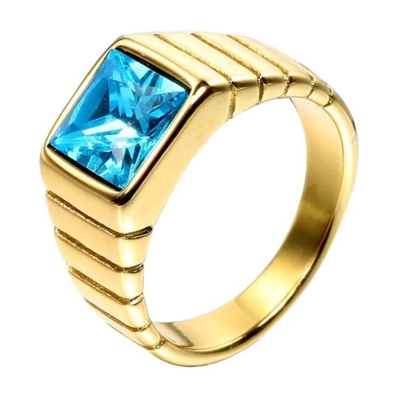 HIJONES Men's Stone Ring Stainless Steel Square Crystal Gemstone Simple Vintage Statement Rings Gold Sky Blue Size 13