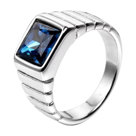 HIJONES Men's Stone Ring Stainless Steel Square Crystal Gemstone Simple Vintage Statement Rings Silver Light Blue Size 10