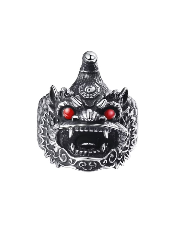 Men's Stainless Steel Vintage Domineering Engraved Chinese Qilin Ring Tiger Lion Guardia Beasts Amulet Halloween Jewelry Size 10