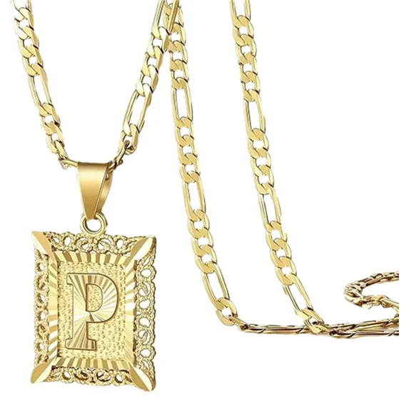 HIJONES Men's Women's Copper Square Capital Monogram Necklace Alphabets from A-Z Classic Simple Letter Pendant Couple Jewelry Gift Gold Letter P