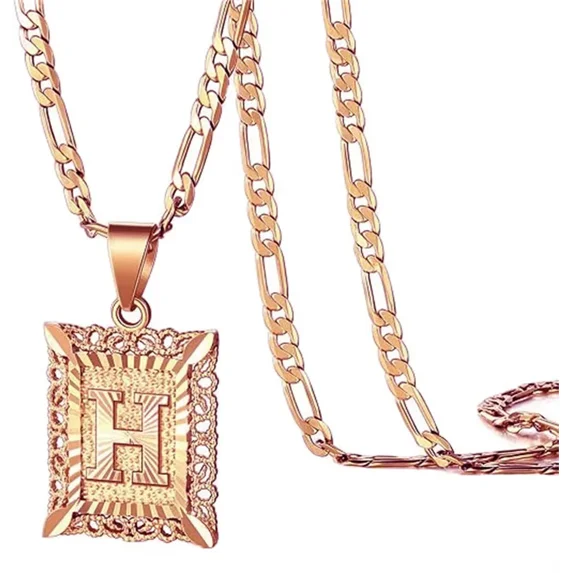 HIJONES Men's Women's Copper Square Capital Monogram Necklace Alphabets from A-Z Classic Simple Letter Pendant Couple Jewelry Gift Rose Gold Letter H