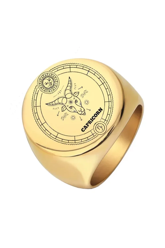 Men's Women's Stainless Steel 22mm Round Zodiac Animal Ring Wedding Engagement Statement Jewelry Gold Capricorn Size 15