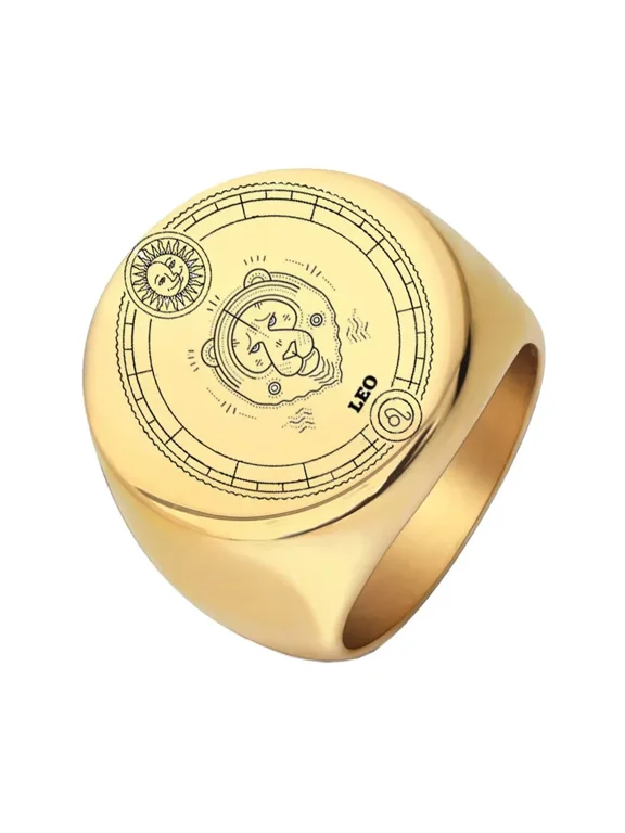 Men's Women's Stainless Steel 22mm Round Zodiac Animal Ring Wedding Engagement Statement Jewelry Gold Leo Size 10