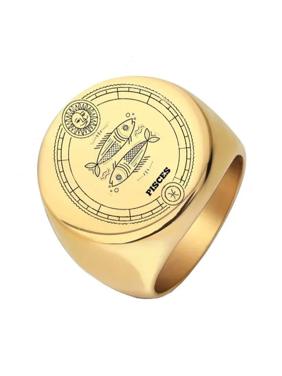 Men's Women's Stainless Steel 22mm Round Zodiac Animal Ring Wedding Engagement Statement Jewelry Gold Pisces Size 9