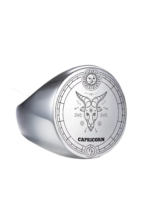 Men's Women's Stainless Steel 22mm Round Zodiac Animal Ring Wedding Engagement Statement Jewelry Silver Capricorn Size 15