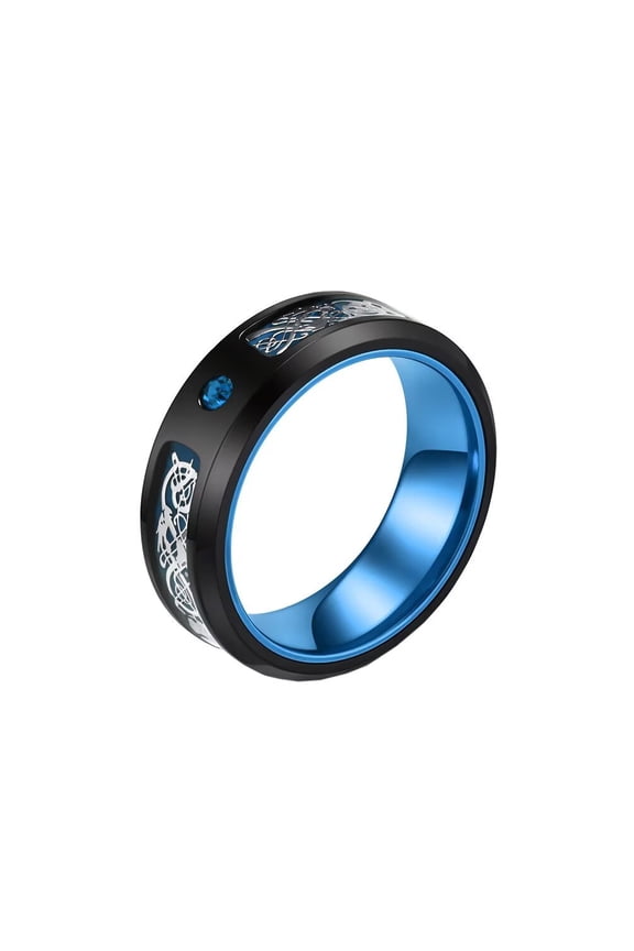 Men's Women's Stainless Steel 8MM Carbon Fiber Celtic Dragon Inlay Zircon Engagement Ring Polished Wedding Couple Band Blue Size 6
