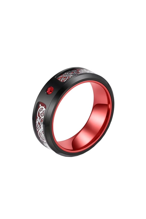 Men's Women's Stainless Steel 8MM Carbon Fiber Celtic Dragon Inlay Zircon Engagement Ring Polished Wedding Couple Band Red Size 10