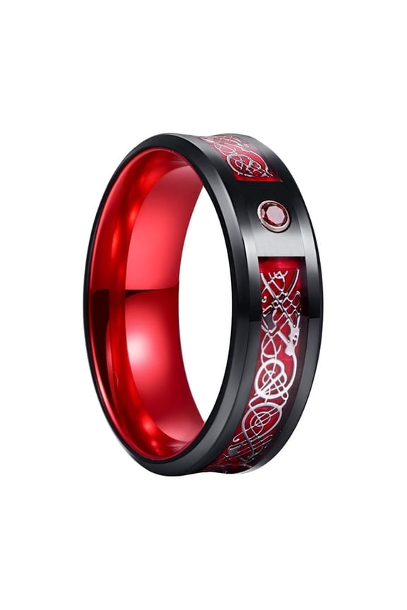 Men's Women's Stainless Steel 8MM Carbon Fiber Inlay Celtic Dragon Rings Wedding Inlaid Cubic Zirconia Band Red Silver Size 11