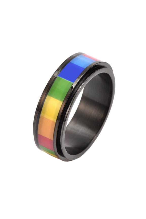 Men's Women's Stainless Steel 8MM LGBT & Gay & Lesbian Rainbow Turnable Fidget Ring Couple Wedding Jewelry Black Size 7