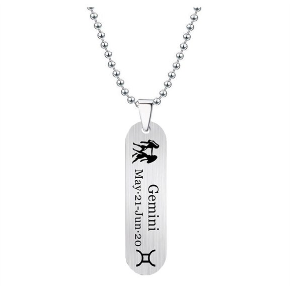 HIJONES Men's Women's Stainless Steel Bar Zodiac Engraved Pendant Necklace Horoscope Amulet Jewelry Silver Gemini