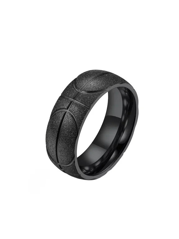 Men's Women's Stainless Steel Basketball Pattern Engraved Ring Sport Souvenir Gifts for Him Personalized Hip Hop Band Jewelry Black Size 7