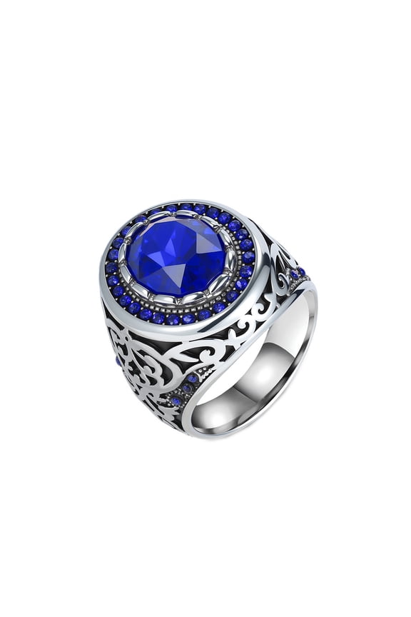 Men's Women's Stainless Steel Big Rhinestones Floral Engraved Chunky Ring Zircon Wedding Jewelry Silver Blue Stone Size 9