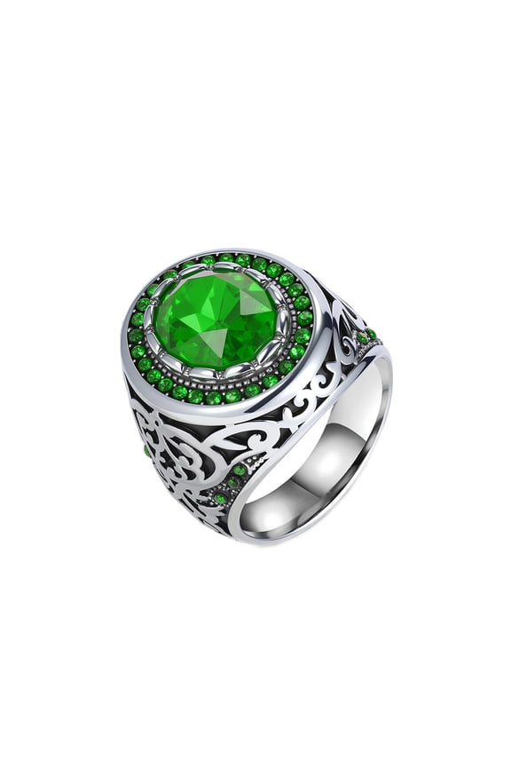 Men's Women's Stainless Steel Big Rhinestones Floral Engraved Chunky Ring Zircon Wedding Jewelry Silver Green Stone Size 9