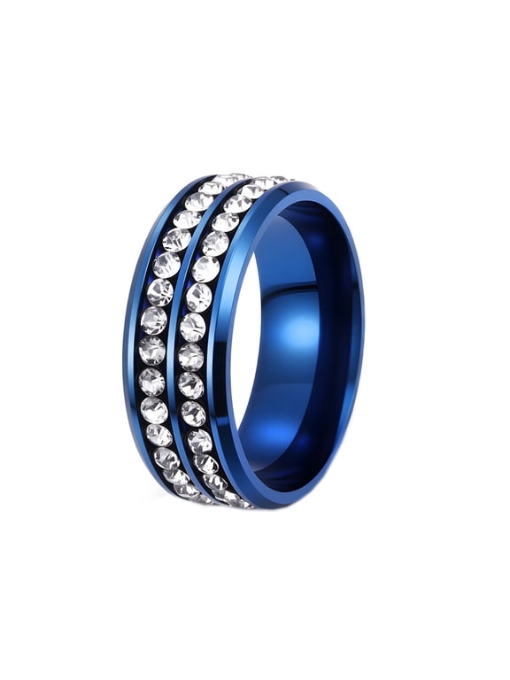 Men's Women's Stainless Steel Bling Cubic Zirconia Band Two Row Gemstone Wedding Engagement Ring Blue Size 8