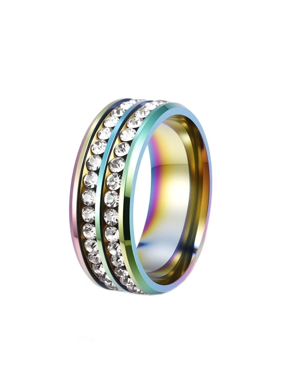 Men's Women's Stainless Steel Bling Cubic Zirconia Band Two Row Gemstone Wedding Engagement Ring Rainbow Size 13