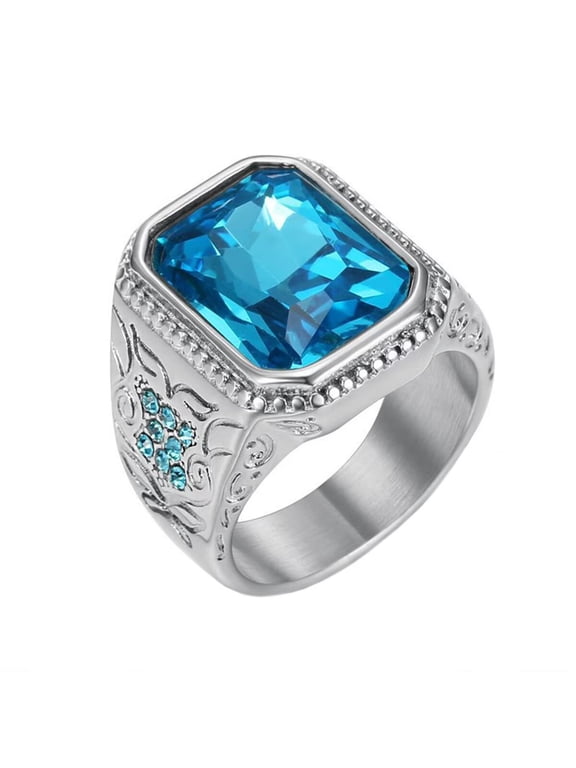 Men's Women's Stainless Steel Chamfered Square Hip Hop Vacuum Gold Plated Ice Blue Rhinestone Glass Gemstone Ring Promise Gift Silver Size 7