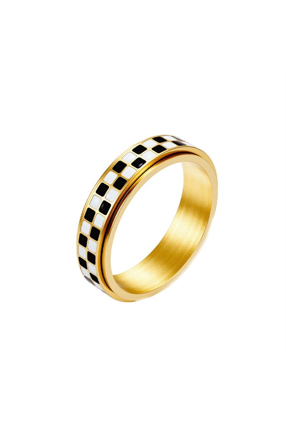 Men's Women's Stainless Steel Checkerboard Rotatable Ring Popular Enamel Anxiety Finger Band 6MM Gold Size 10