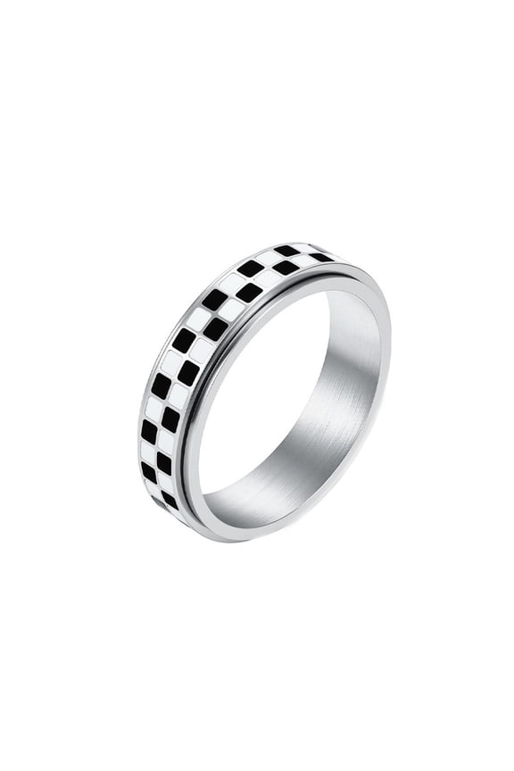 Men's Women's Stainless Steel Checkerboard Rotatable Ring Popular Enamel Anxiety Finger Band 6MM Silver Size 9
