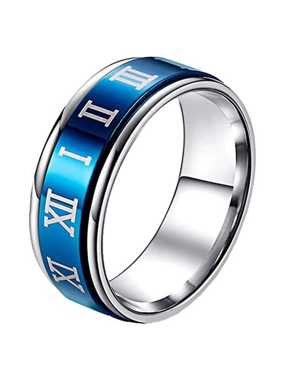 Men's Women's Stainless Steel Classic Roman Numberal Worry Ratotable Wedding Ring Turnable Index Finger Band Blue Size 8