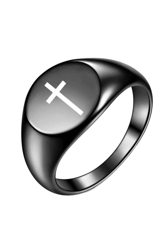 Men's Women's Stainless Steel Dainty Round Cross Christians Crucifix Signet Ring Band Black Size 12