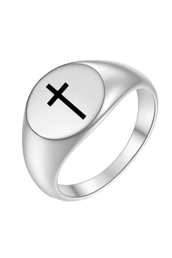 Men's Women's Stainless Steel Dainty Round Cross Christians Crucifix Signet Ring Band Silver Size 6