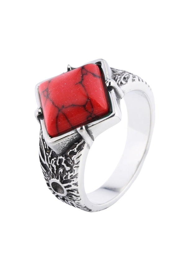 Men's Women's Stainless Steel Dainty Square Agate Engraved Band Gothic Gemstone Wedding Ring Red Size 10