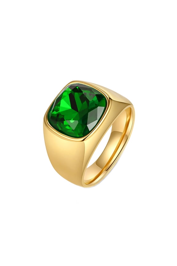 Men's Women's Stainless Steel Gemstone Chunky Signet Ring Big Cut Crystal Engagment Party Finger Jewelry Gold Green Stone Size 11